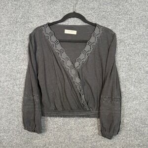 Lucky Brand Shirt Womens Small Gray Eyelet Trim Smocked Waist Boho Peasant Top